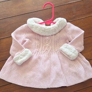 Pink Knit Baby Sweater with Faux Fur Trim